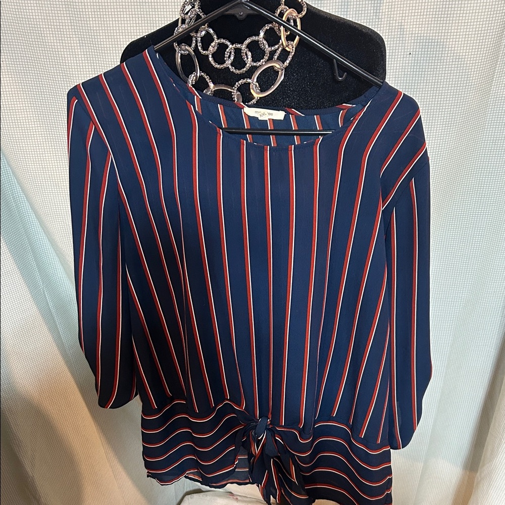Maurices Navy and Red Striped Blouse with bow front tie accent XXL
